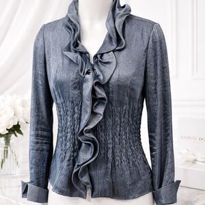 Samuel Dong metallic blue zip up blouse size small